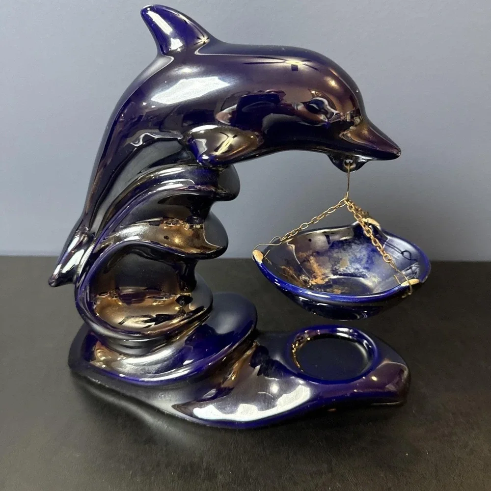 Dolphin Tea Light Candle Holder Wax Melt Made in Poland Iridescent Dark‎ Blue